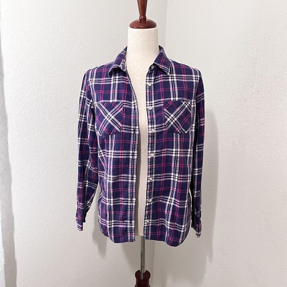 L.L Bean Button Down Shirt Women Small Purple Plaid Long Sleeve Lightweight